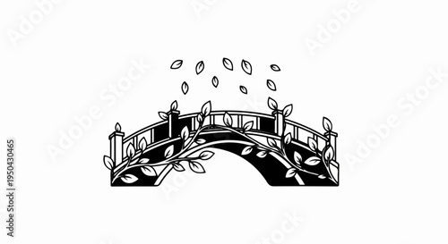 An arched bridge with vines and falling leaves, in black and white