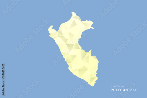 Peru Map in low poly polygon vector style, geometric shape illustration with soft yellow tones on blue background, clean silhouette for infographic.