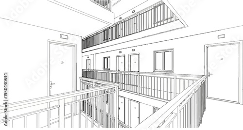 Abstract linework sketch of multi-level apartment building interior hallways