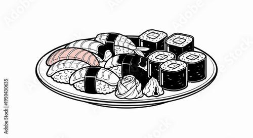 Assortment of sushi rolls and nigiri served on a plate