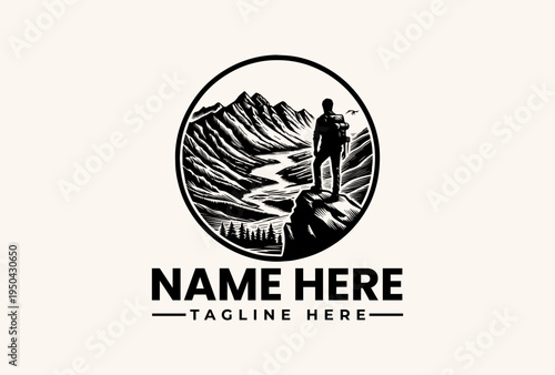 A black and white illustration of a silhouette standing on a rocky outcrop, looking out at a mountain range within a circular logo design on a plain beige background.