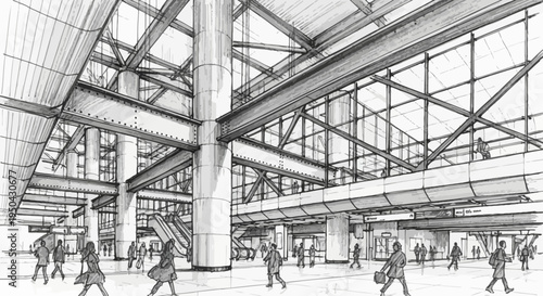 Architectural sketch of a bustling modern transportation hub interior with people walking.
