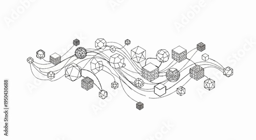 Abstract network of geometric shapes and binary code, interconnected by flowing lines