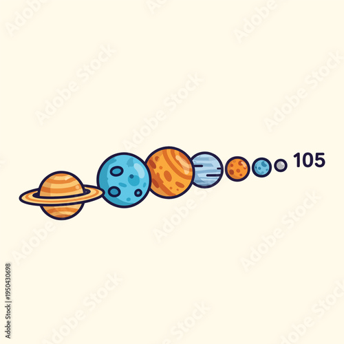 A cartoon depiction of planets, with varying colors and textures, arranged in a line, with a numerical figure
