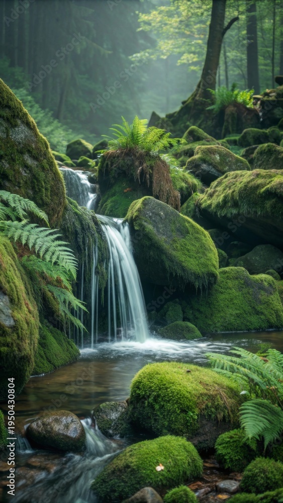 Fototapeta premium Gentle waterfall flow over mossy stones in lush forest nature photography tranquil environment serene viewpoint