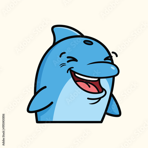 A cartoon dolphin is depicted smiling widely with a large open mouth and an expressive face. The illustration features smooth gradients and a minimalist style