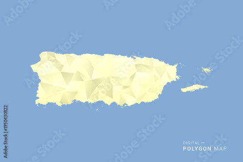 Puerto Rico Map in low poly polygon vector style, geometric shape illustration with soft yellow tones on blue background, clean silhouette for infographic.