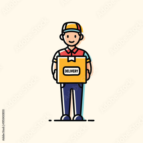 A cartoon delivery person with cap and red shirt, holding a box labeled "DELIVERY." The illustration uses bold lines and a simple, friendly style