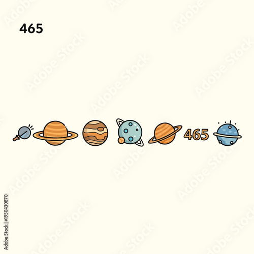 A cartoon depiction of planets, with varying colors and textures. Includes two instances of the number "465", and various planet shapes and details