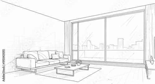 Detailed sketch of a modern living room with a large sofa, coffee table, and city view through a panoramic window.