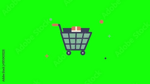 Shopping cart animation with gift box on green screen background