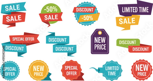 A collection of colorful retail marketing labels and promotional sale tags for business events