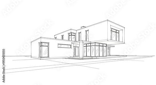 Architectural sketch of a modern contemporary house design with clean lines and geometric shapes.