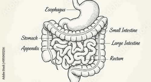Detailed hand-drawn illustration of the human digestive system with labeled organs.