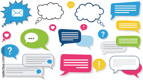 A collection of colorful speech bubbles and communication icons for digital messaging designs