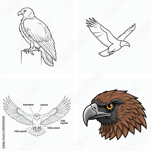 Four different illustrations of eagle bird in various poses and styles  birds of prey