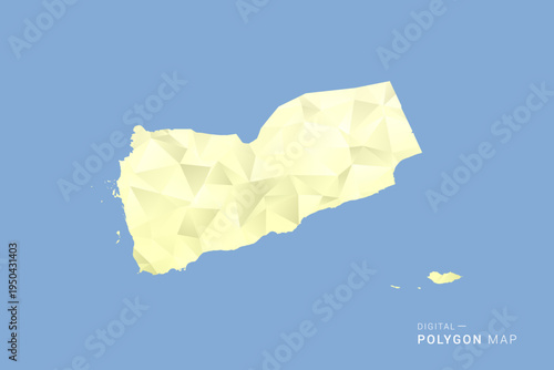 Yemen Map in low poly polygon vector style, geometric shape illustration with soft yellow tones on blue background, clean silhouette for infographic.