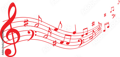 Musical notes illustration, flowing melody, treble and bass clefs, abstract music concept, red vector illustration, dynamic rhythm, creative design, harmonious, elegant, artistic composition.