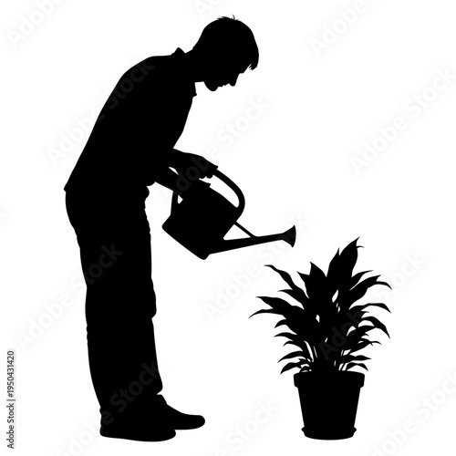 Silhouette of a man watering a potted plant representing growth, care, and environmental sustainability for home or business development.