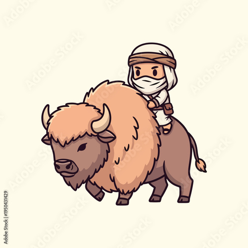 A cartoon depiction of a person riding a bison. The bison is tan with dark accents, and the rider is dressed in white and tan