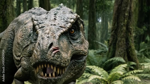 Ferocious Tyrannosaurus Rex closeup with open jaws in dense prehistoric jungle forest representing Jurassic dinosaur predator power extinction and the terrifying dominance of ancient reptile creatures