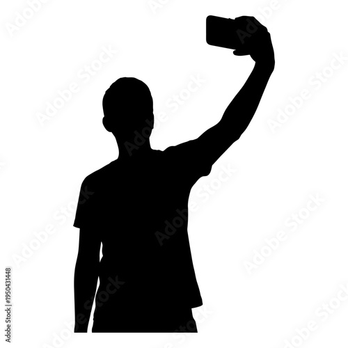 Black silhouette of a young man taking a selfie with a smartphone, representing modern social media culture, mobile photography, and digital communication.