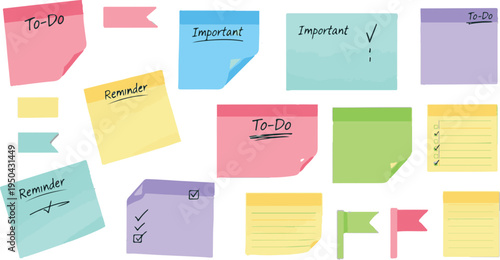 A collection of colorful sticky notes with handwritten reminders and to-do list labels on white