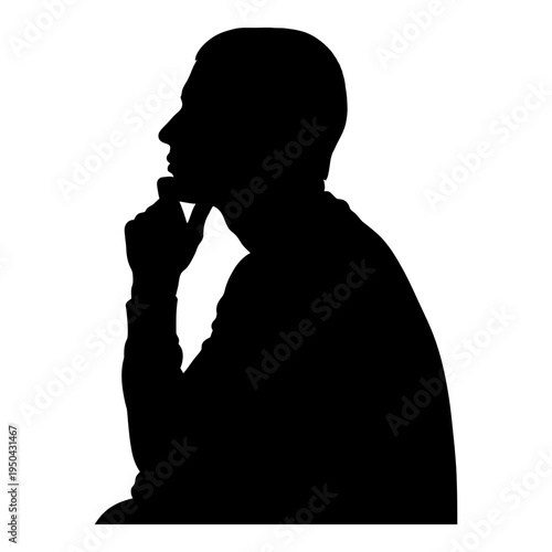 Silhouette of a man in profile contemplating and thinking deeply for decision making, problem solving, and creative brainstorming.