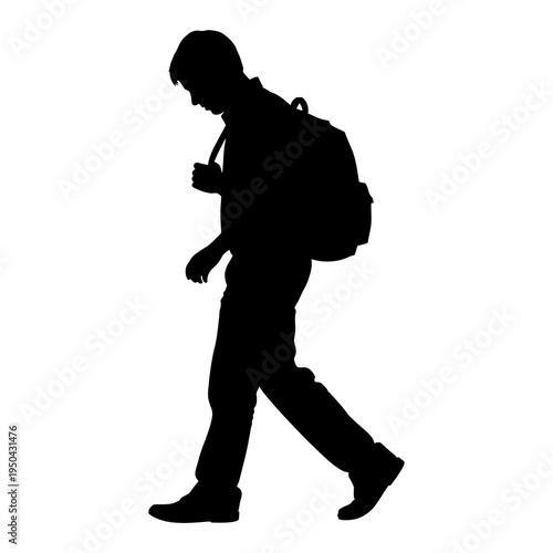 Silhouette of a young man walking with a backpack, representing a student going to school, a traveler on a journey, or a daily commuter moving forward.