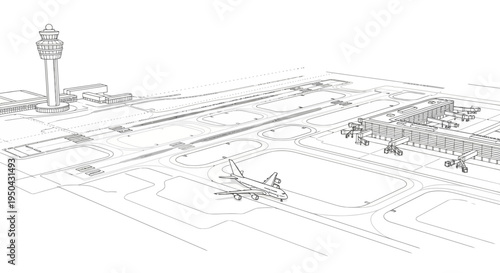 Architectural line drawing of a large airport layout with an airplane, control tower, and terminals.
