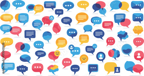 A vibrant collection of diverse speech bubbles and communication icons in various bright colors