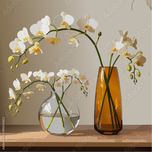 a refined orchid still‑life styled in sculptural glass forms, capturing quiet luxury and the polished elegance of modern editorial design