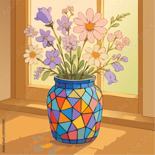 a sunlit bouquet blooming from a mosaic vase, capturing vibrant color, handcrafted artistry, and warm everyday beauty