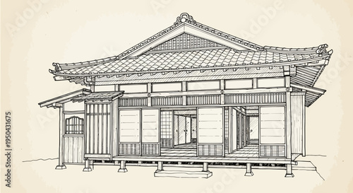 Detailed line drawing of a traditional Japanese house with a distinctive tiled roof and sliding doors, elevated on stilts.