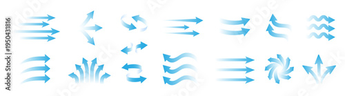 Blue air flow arrows set, wind direction stream swirls, ventilation and cooling motion vector elements on transparent background