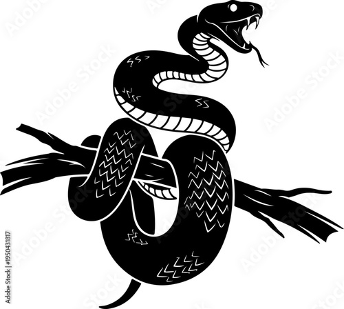 Coiled Snake Around Branch silhouette vector illustration