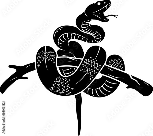 Coiled Snake Around Branch silhouette vector illustration