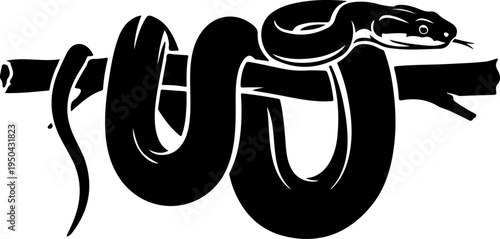 Coiled Snake Around Branch silhouette vector illustration