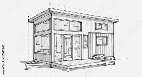 A detailed architectural sketch of a modern tiny house on wheels with large windows and a small front deck.