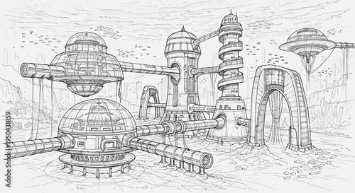 Detailed line drawing of a futuristic architectural complex with domes, towers, and interconnected structures.