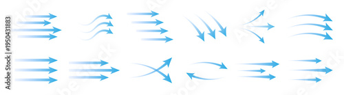 Blue air flow arrows set, wind direction stream swirls, ventilation and cooling motion vector elements on transparent background