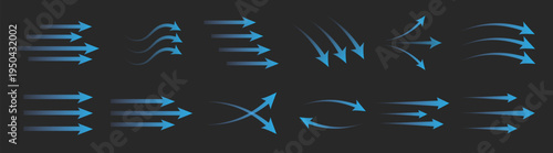 Blue air flow arrows set, wind direction stream swirl ventilation and cooling motion vector elements on black background