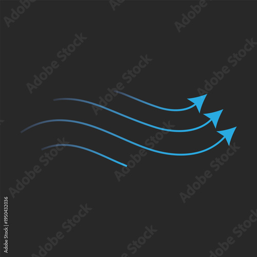 Blue air flow arrows, wind direction stream swirls, ventilation and cooling motion vector illustration on dark background