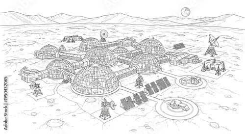Detailed line drawing of a futuristic lunar base with interconnected domes, solar panels, and communication arrays on a cratered moon surface.