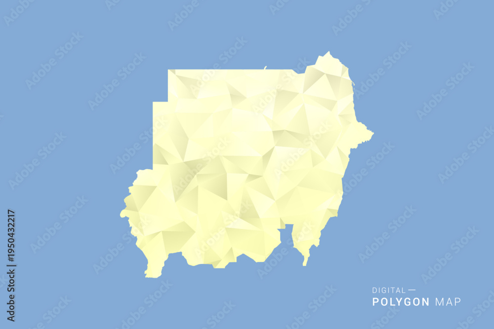 Naklejka premium Sudan Map in low poly polygon vector style, geometric shape illustration with soft yellow tones on blue background, clean silhouette for infographic.