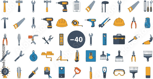 Collection of various construction tools and equipment icons displayed in a grid on white background