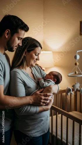 Man and woman holding newborn baby while looking at a crib, representing new parents and the concept of early childhood. Vertical video