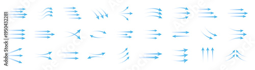 Blue air flow arrows set, wind direction stream swirls, ventilation and cooling motion vector elements on transparent background