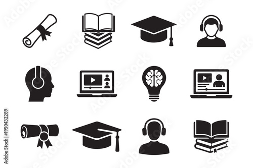E-Learning and Online Education Vector Icon Set: Minimalist Flat Silhouette Symbols for Distance Learning, Digital Study, Graduation, and Skills Development.