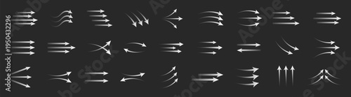 Air flow arrows set, wind direction stream swirl lines, ventilation and motion movement vector elements collection for airflow design and direction symbols.